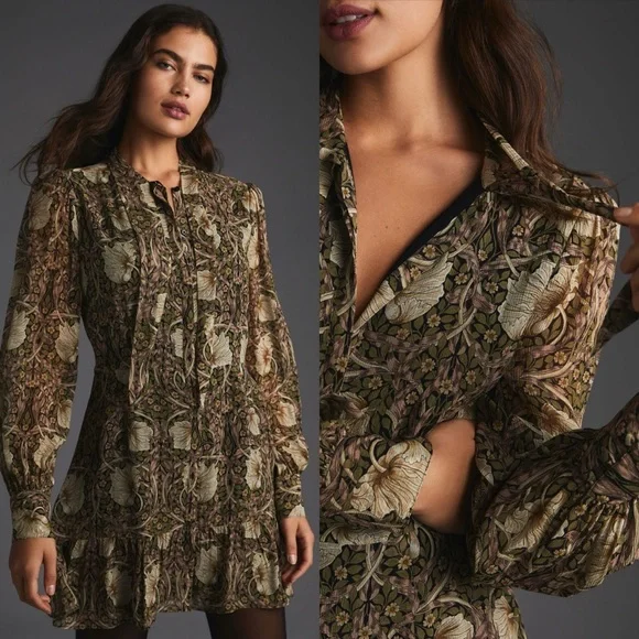 Anthropologie Paige Long-Sleeve V-Neck Dress Silk Brown Pattern - Picture 1 of 6